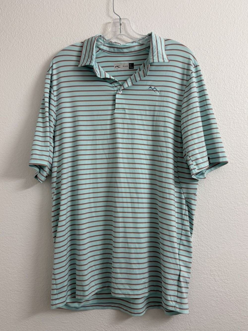 KJUS Comfort Striped Polo Mens L Blue Orange Logo Embroidered Golf Short Sleeve